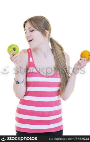 woman eat green apple isolated on white backround in studio representing healthy lifestile and eco food concept