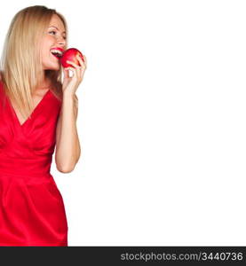 woman eat red apple on white