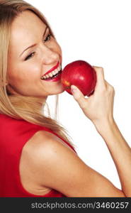 woman eat red apple on white background