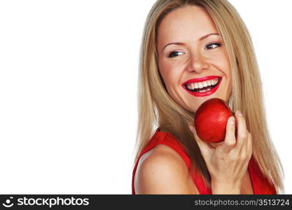 woman eat red apple on white background