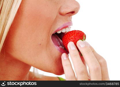 woman eat strawberry macro close up