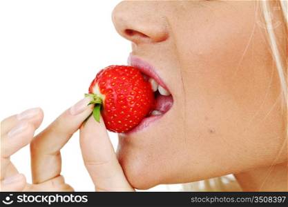 woman eat strawberry macro close up