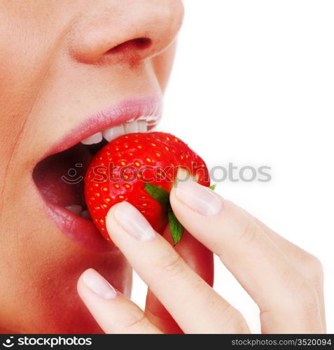 woman eat strawberry macro close up