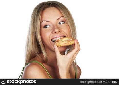 woman eating a cake on a white background