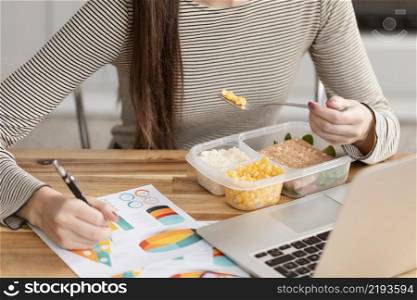 woman eating working from home