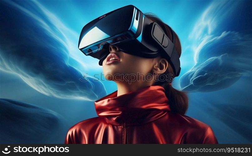 Woman Engaged in a Surreal World Through VR Headset. Generative ai. High quality illustration. Woman Engaged in a Surreal World Through VR Headset. Generative ai
