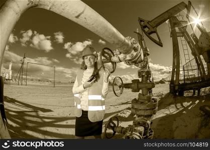 Woman engineer in the oil field talking on the radio wearing helmet and work clothes. Industrial site background. Oil and gas concept. Toned sepia.