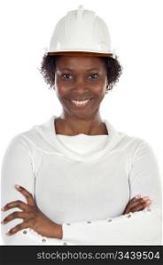 Woman engineer smiling a over white background