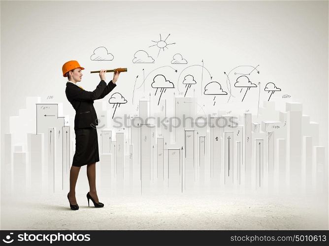 Woman engineer with scope. Woman engineer in helmet with scope against sketch background