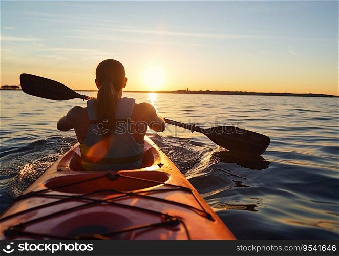 Woman enjoying sunset during kayaking sea trip.AI generative.