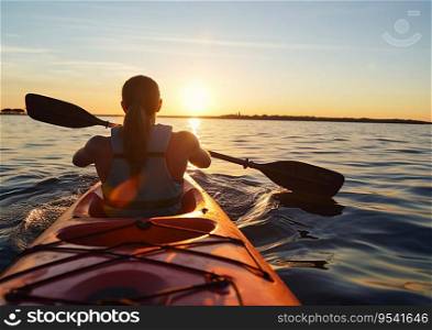 Woman enjoying sunset during kayaking sea trip.AI generative.