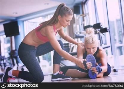 woman exercise and working out with fitness personal trainer in gym. working out with personal trainer