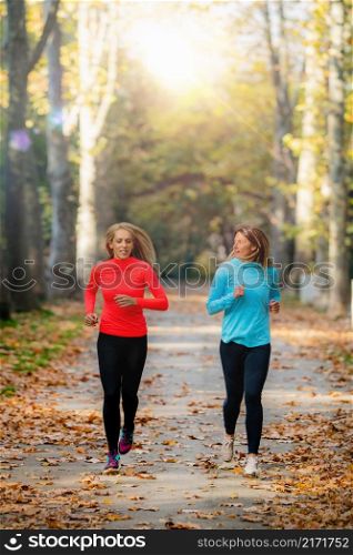 Woman Exercising in Public Park with Personal Trainer in the Fall. . Woman Exercising in Public Park with Personal Trainer. Jogging Together in the Fall.