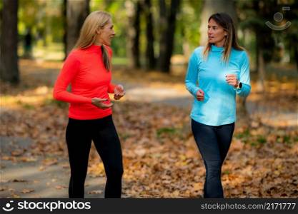 Woman Exercising in Public Park with Personal Trainer in the Fall. . Woman Exercising in Public Park with Personal Trainer. Jogging Together in the Fall.