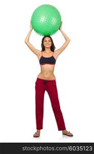 Woman exercising with ball isolated on white