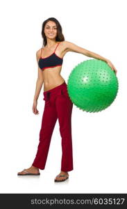 Woman exercising with ball isolated on white