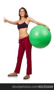 Woman exercising with ball isolated on white