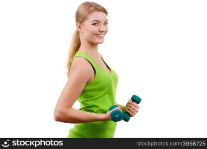 Woman exercising with dumbbells lifting weights . Woman exercising with dumbbells. Fit fitness blonde girl lifting light weights. Bodybuilding.