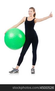 Woman exercising with swiss ball on white