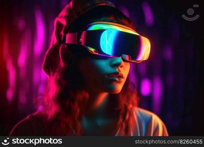 Woman exploring virtual reality in a close up neon colors created with generative AI technology