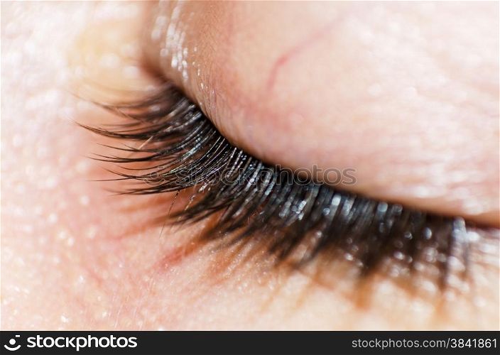 Woman eye with long eyelashes close macro