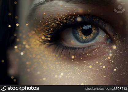 Woman eyes with beautiful glitter makeup. Neural network AI generated art. Woman eyes with beautiful glitter makeup. Neural network AI generated