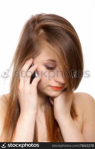 Woman face phone talking. white background