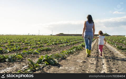 Woman farmer and little girl walking on the agriculture land. Child and mother in plantation. Sun light and shadows.