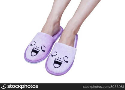 woman feet with smile slippers and happy, close up view, on white background