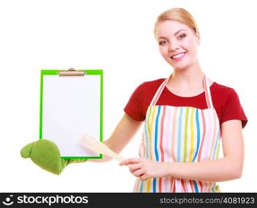 Woman female chef showing clipboard with empty blank sign copy space for text recommended menu. Isolated on white