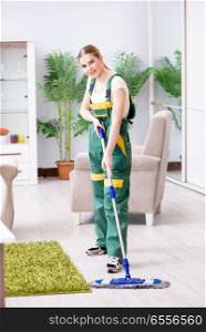 Woman female cleaner cleaning floor