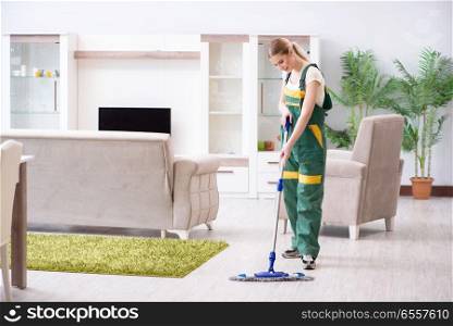 Woman female cleaner cleaning floor