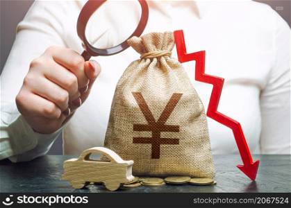 Woman female manager examines a yen or yuan money bag with a red down arrow and automobile. Car insurance, taxes, maintenance. Fuel excise taxes. Electric vehicle support subsidies.
