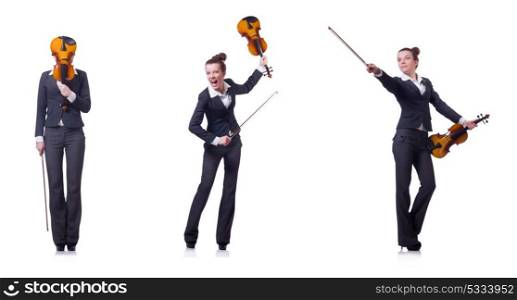 Woman fiddler isolated on white background