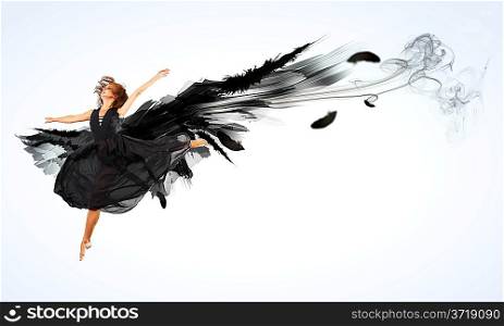 Woman floating on dark wings