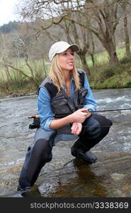 Woman fly-fishing in river