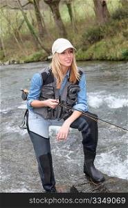 Woman fly-fishing in river
