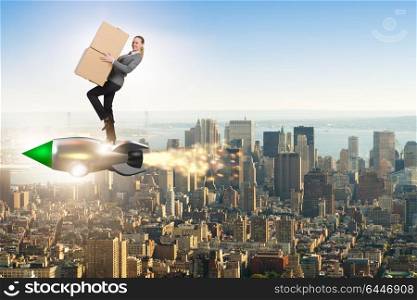 Woman flying rocket and delivering boxes