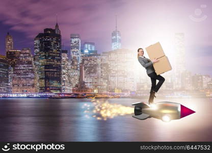 Woman flying rocket and delivering boxes