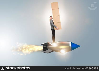 Woman flying rocket and delivering boxes