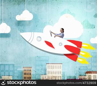 Woman flying rocket. Young happy student girl riding fast drawn rocket