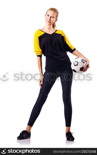 Woman football player on white