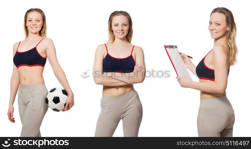 Woman football player on white
