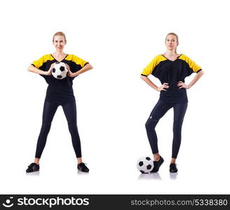 Woman football player on white