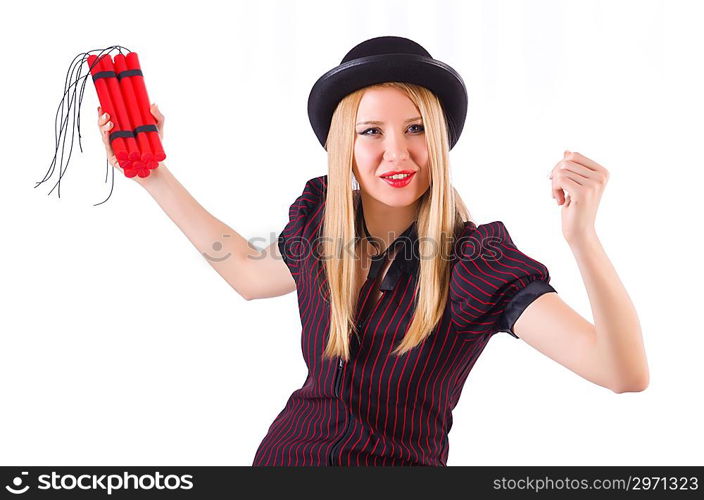 Woman gangster with dynamite sticks on white