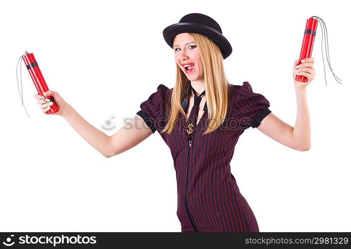 Woman gangster with dynamite sticks on white