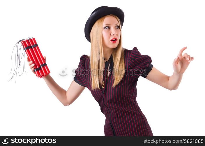 Woman gangster with dynamite sticks on white