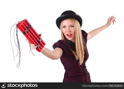 Woman gangster with dynamite sticks on white