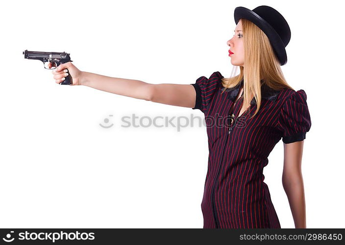 Woman gangster with handgun on white