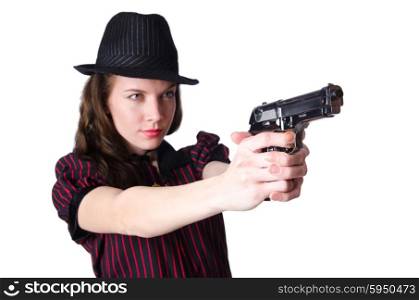 Woman gangster with handgun on white